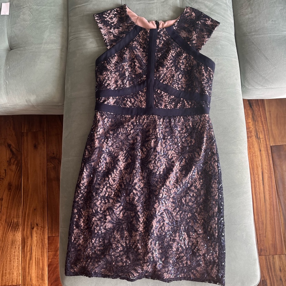 Night Way Collections navy blue nude lined Lace Sequin Cocktail dress size 6